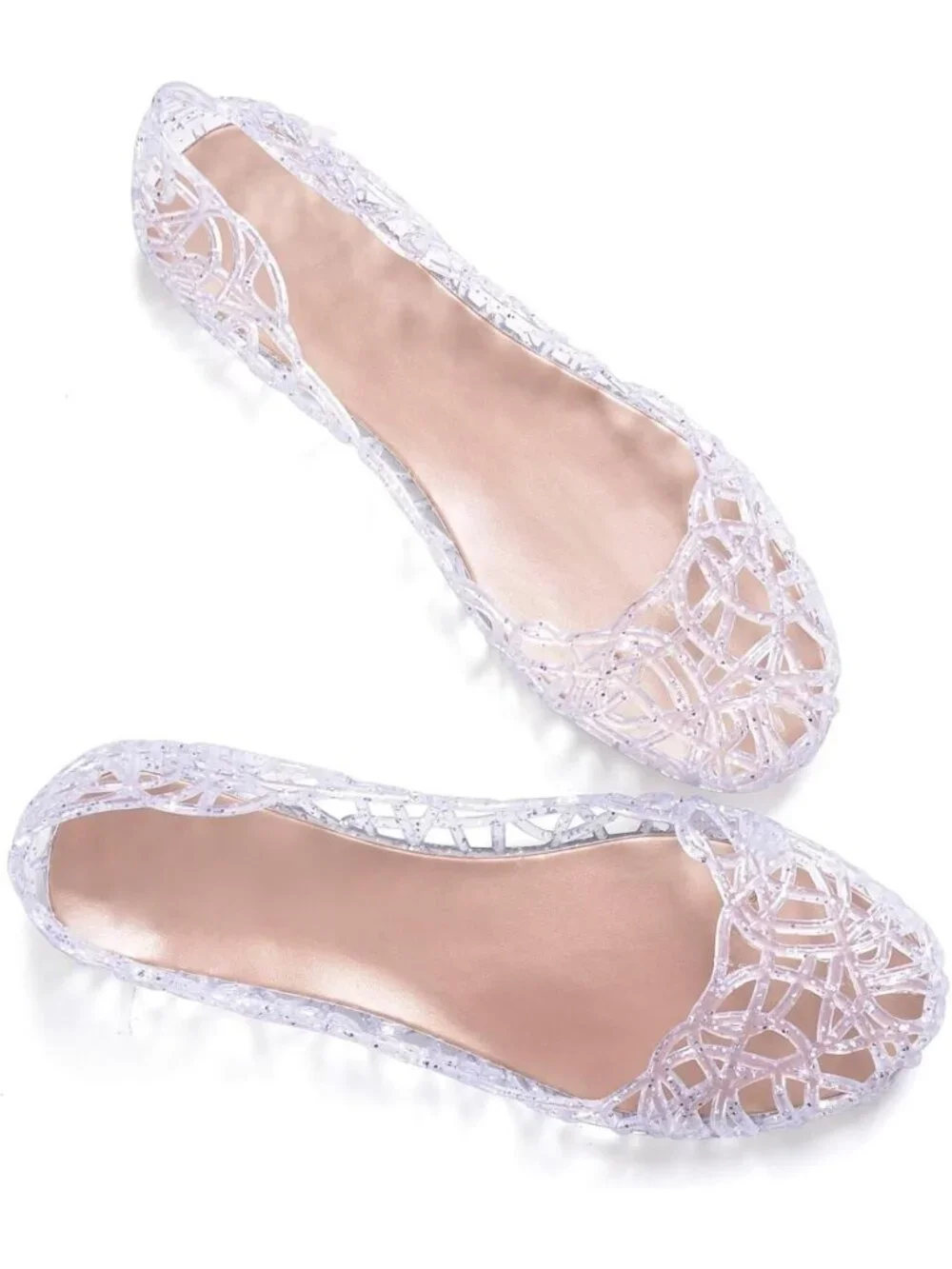 Chic Women’s Beach Jelly Flats - Slip-On Crystal Hollow Summer Shoes